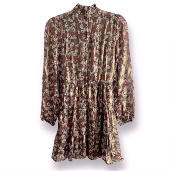 NWT TRIXXI Smock Neck Long Sleeve Metallic Floral Mini Dress Sz. Medium - Picture 12 of 13